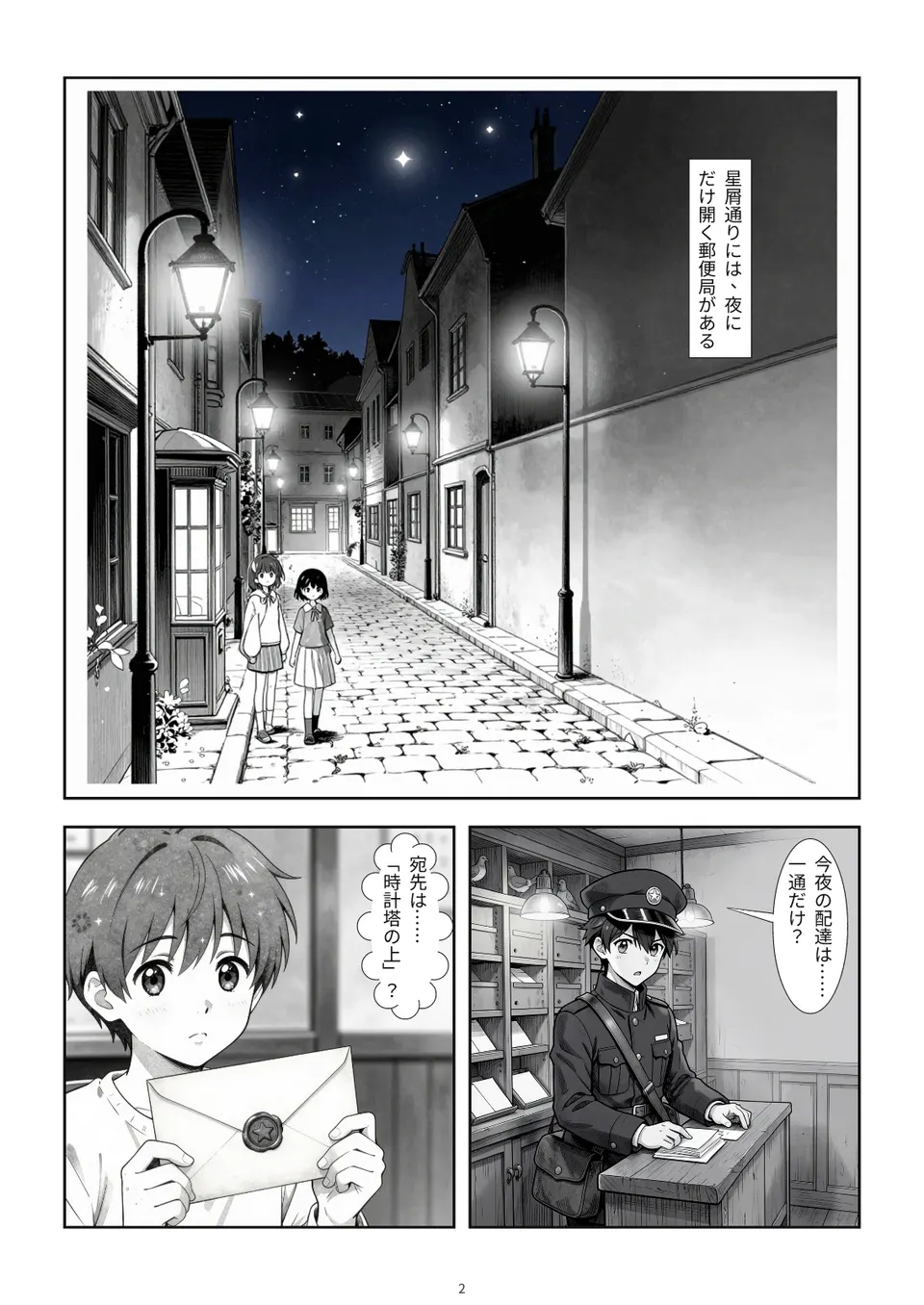 星屑通りの石畳の夜道とガス灯、郵便局の内装にいるソラ。