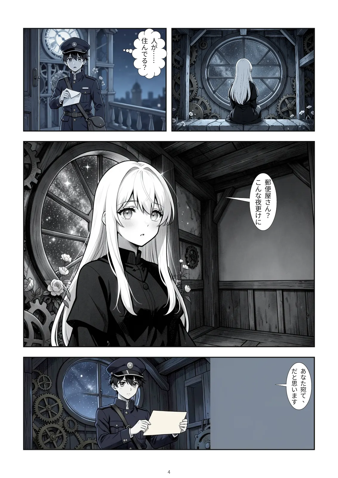 時計塔最上部の薄暗い室内、文字盤の前にいるルナの姿。 #1