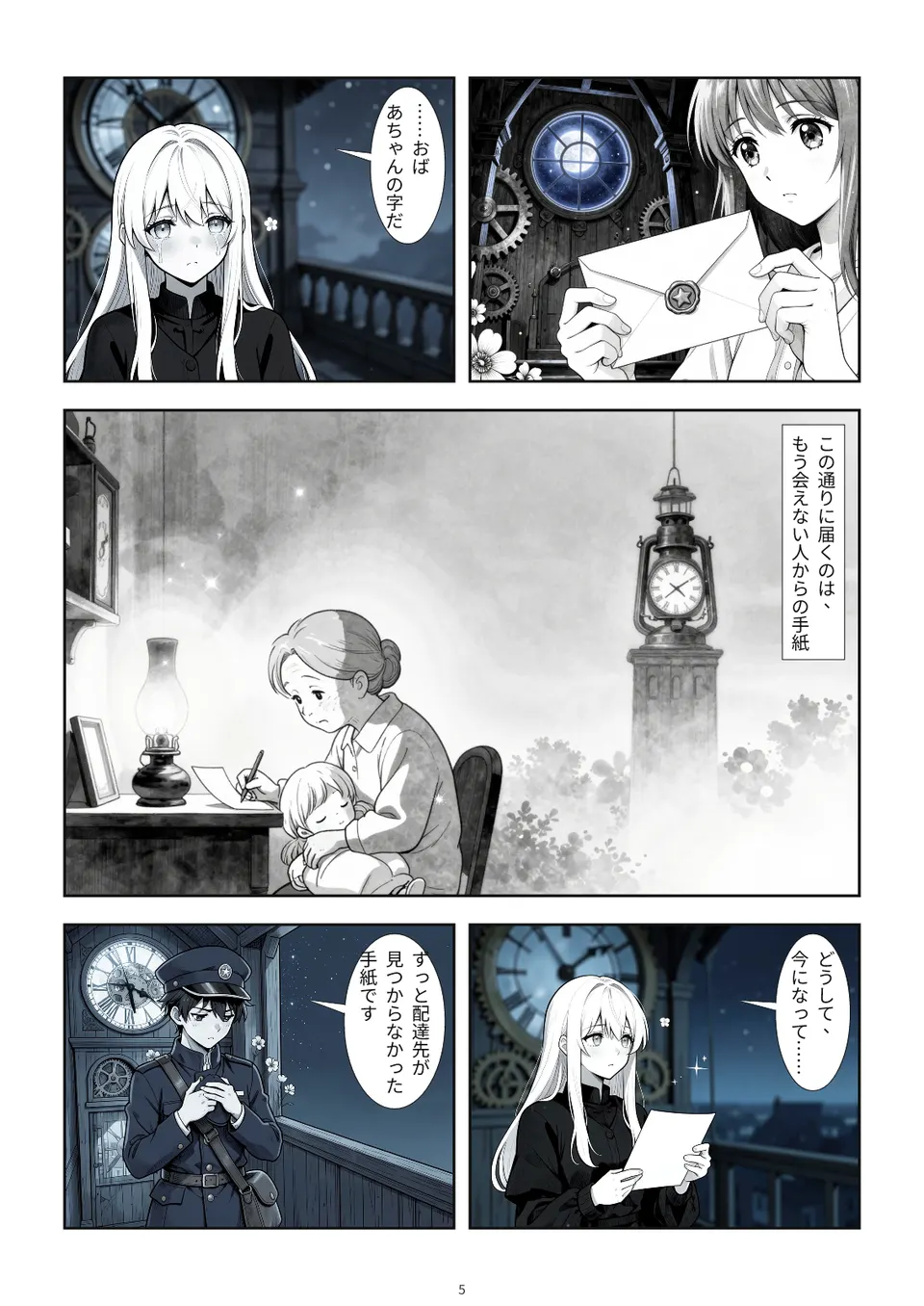 ルナが封を切る場面。大きな透ける文字盤が背景にある。