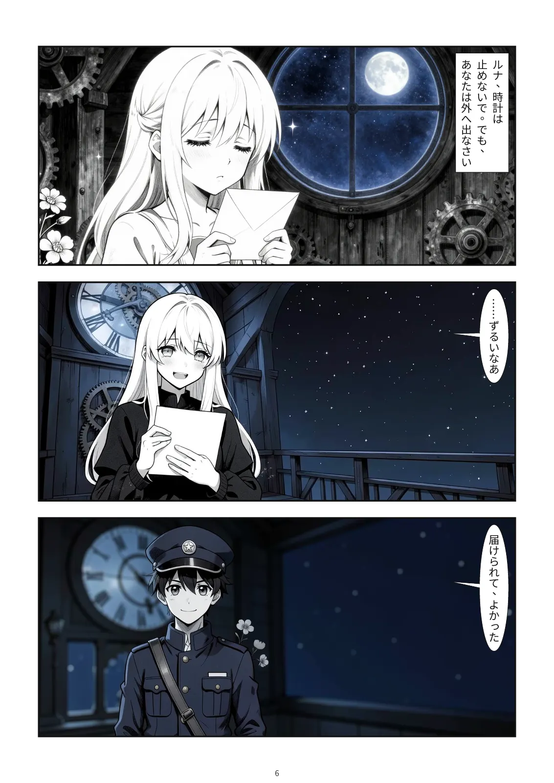 時計塔の中で手紙の文面を読むルナ（手紙の言葉が見える）。 #1