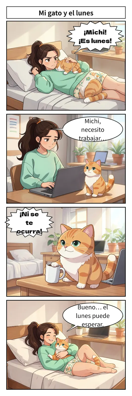明るい小さなアパートの寝室。ベッドとノートPCのある机、観葉植物が並ぶ朝の風景。ルシアが目覚めようとしているが猫のミチが顔で眠っている場面。