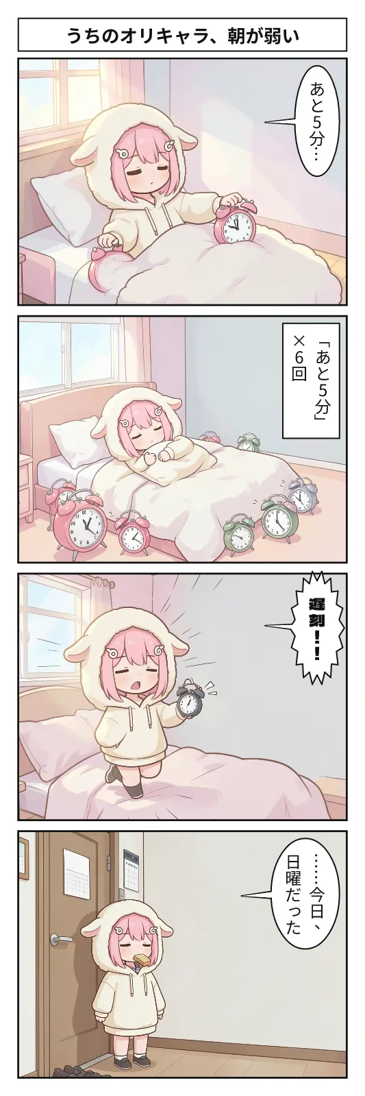 朝の寝室。ねむが目覚ましで起きようとする場面と、「あと5分…」と繰り返すナレーションが入る4コマ構成。ねむとナレーションが登場。