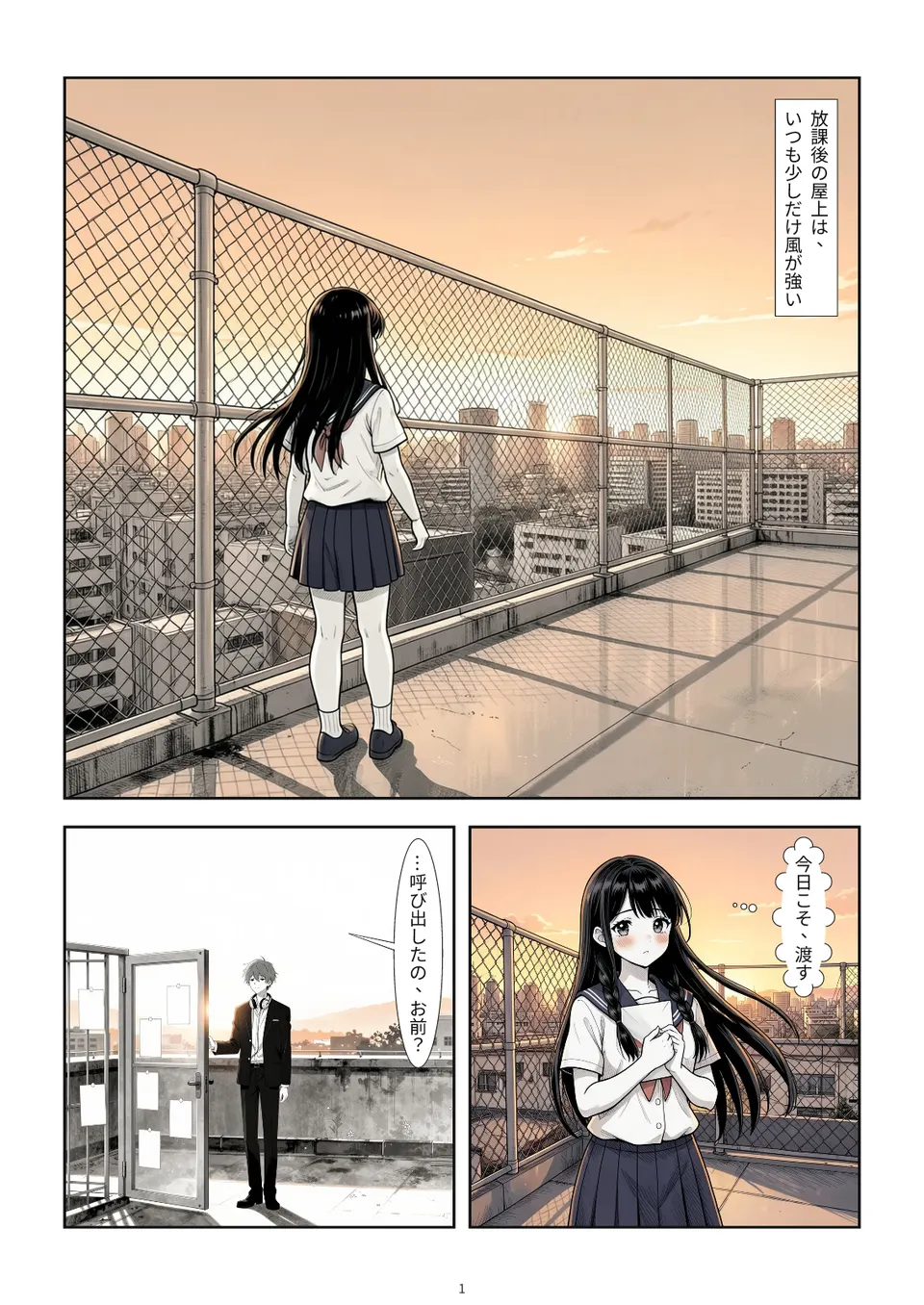 夕暮れの屋上風景。春香のナレーションとともに風が強い様子を描く場面。