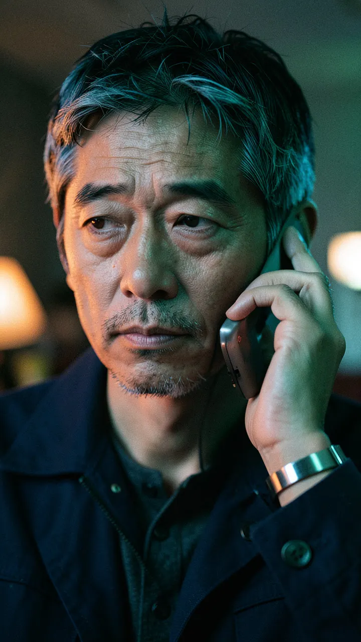 父の顔のアップ。混乱と焦りが滲む表情。