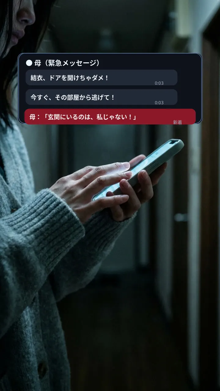 『今すぐ、その部屋から逃げて』という短信を読む結衣。恐怖に顔が強張るシーン。