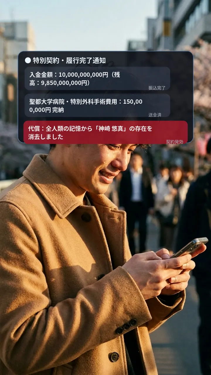 手術後の陽菜の回復を祈る悠真。廊下の窓から差す光が静かに二人を照らす場面。 #1