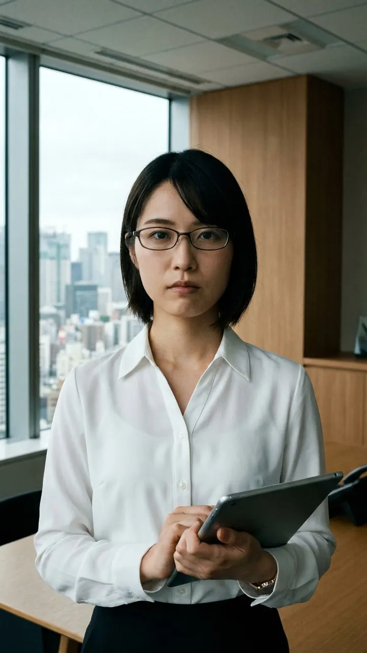 黒崎が匿名で面接ブースに入る様子。監視する社員の視線が飛ぶ。