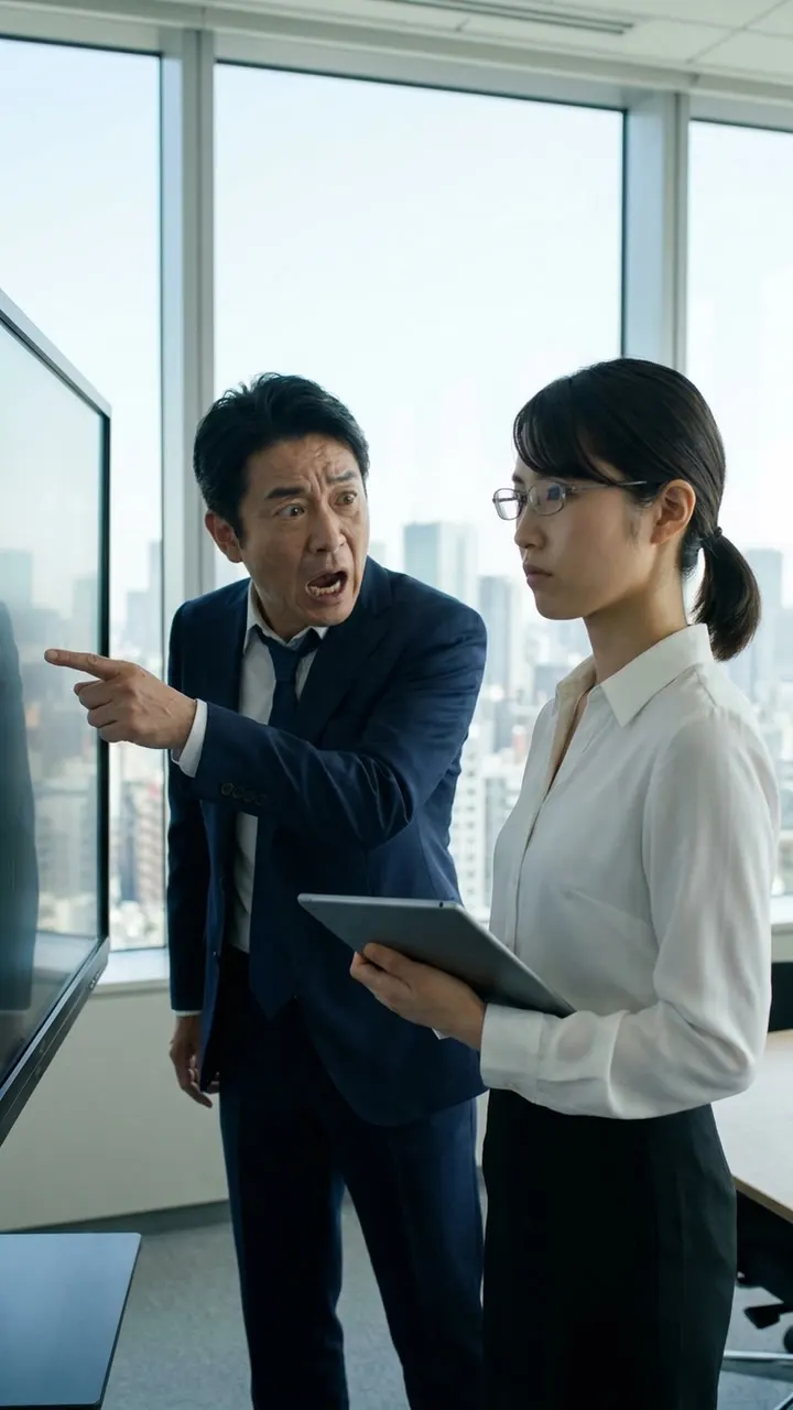 面接画面を操作する採用システムと、緊張する黒崎の表情。