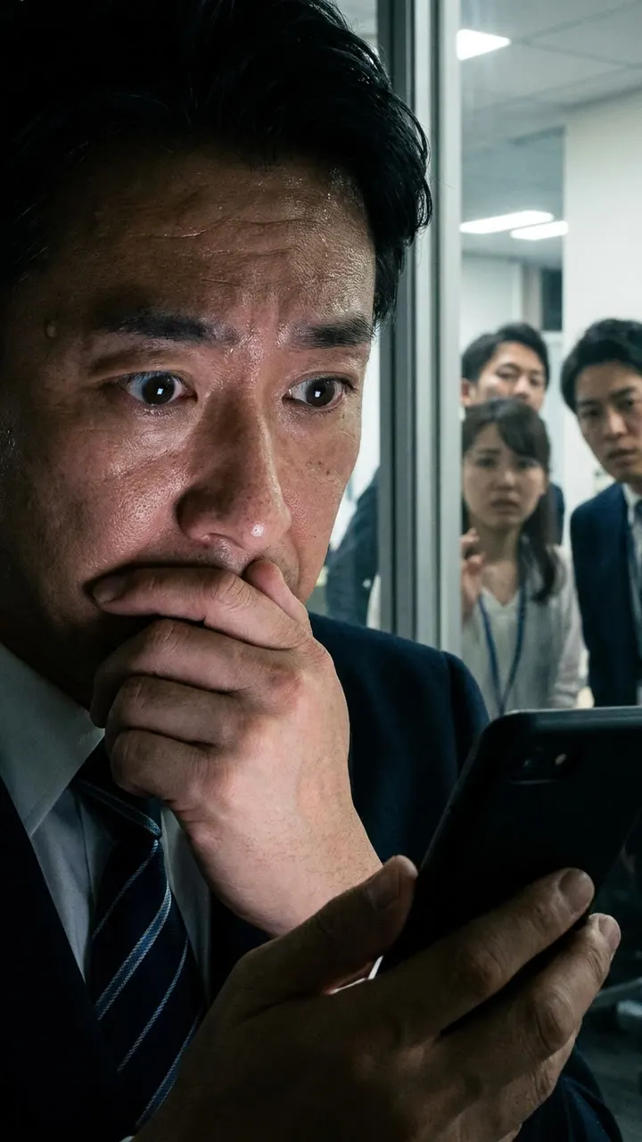 判定が表示され、ざわめく社員たち。黒崎は動揺を隠せない。
