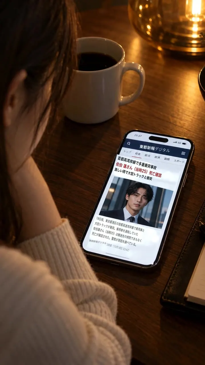 美咲のスマートフォンに通知が届き、画面を覗き込むシーン（美咲）。