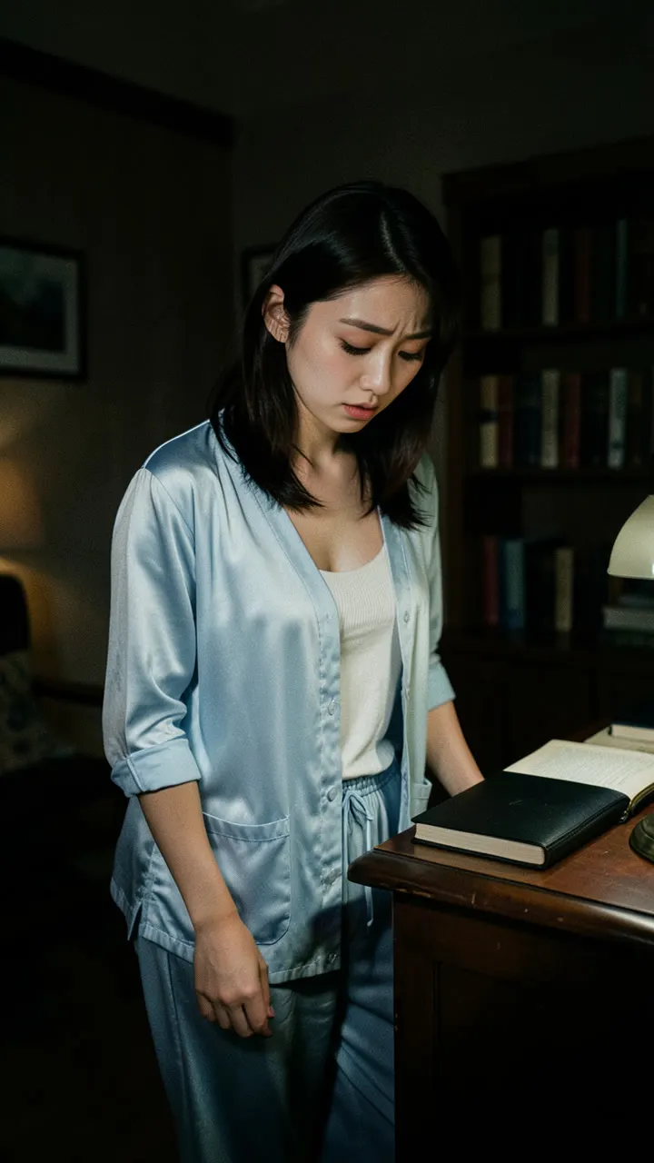怜哉の言葉に動揺する美緒。背景に夜景が輝く密室のようなシーン。