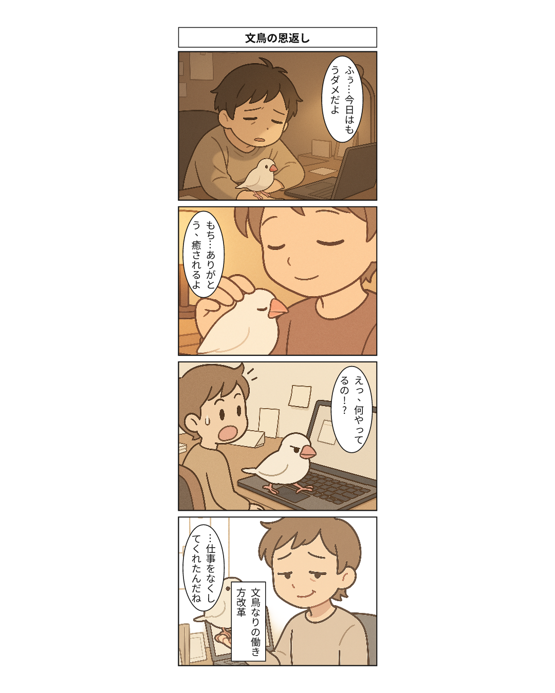 スタジオで作った4コマ漫画「文鳥の恩返し」の完成形
