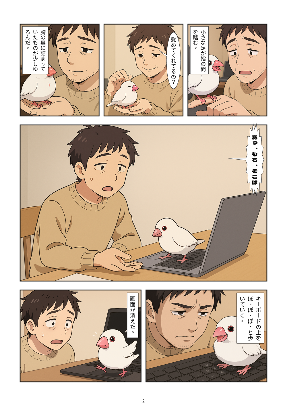 スタジオで作ったページ漫画の完成形。大小のコマ割りと縦書きの吹き出し