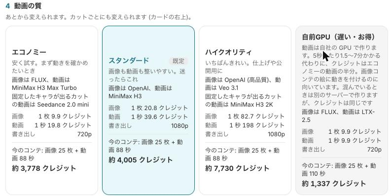 動画の質（エコノミー・スタンダード・ハイクオリティ・自前GPU）を選ぶ画面