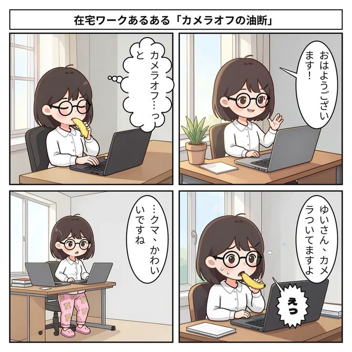 2×2 four-panel comic about working from home with the camera off