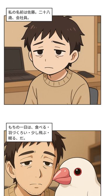 Opening of a full-color vertical webtoon with office worker Sato and Mochi the Java sparrow