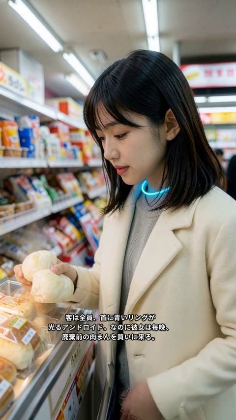 縦型ショートドラマ「世界最後の人間が、コンビニでアルバイトしていた」の1コマ（AIで作った映像）