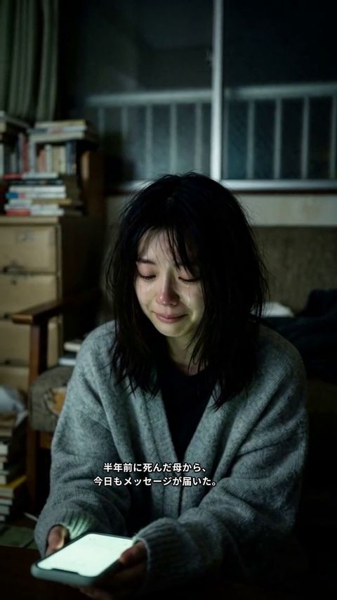 縦型ショートドラマ「死んだ母から毎晩メッセージが届く」の1コマ（AIで作った映像）