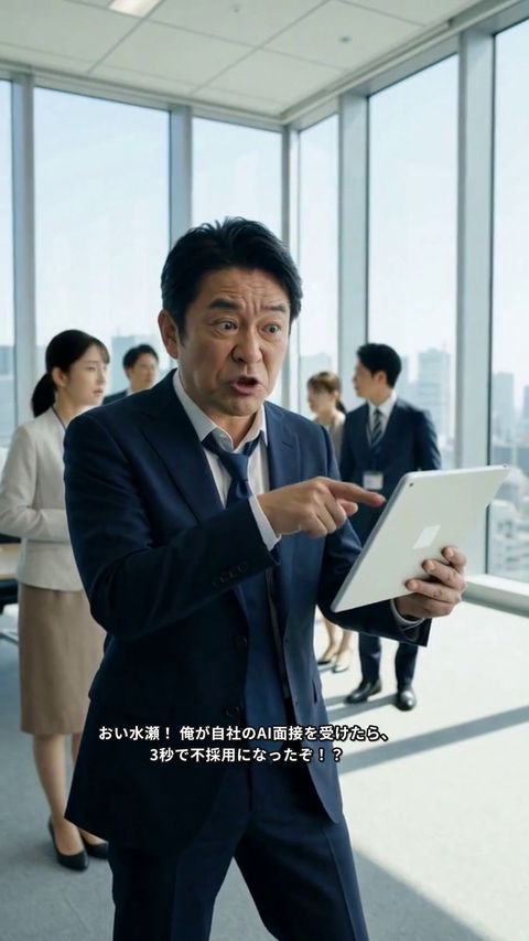 縦型ショートドラマ「AIに面接を任せたら、社長が不採用になった」の1コマ（AIで作った映像）