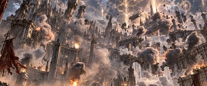Kai y Lia corren por una ciudad de fantasía que se derrumba, del cortometraje de estilo realista “La última petición de corrección”