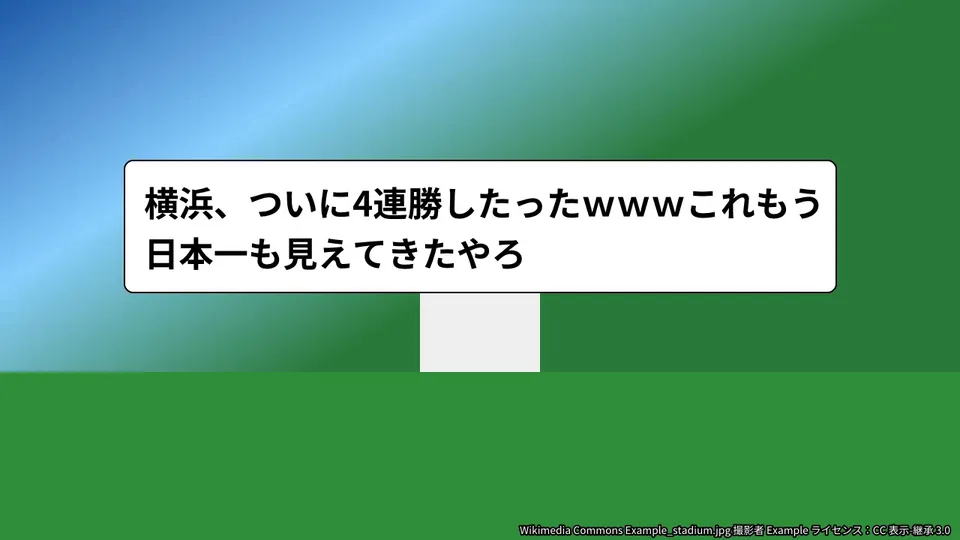 レスを白い枠に入れて表示した反応集の画面。右下に画像の出典とライセンスが入っている