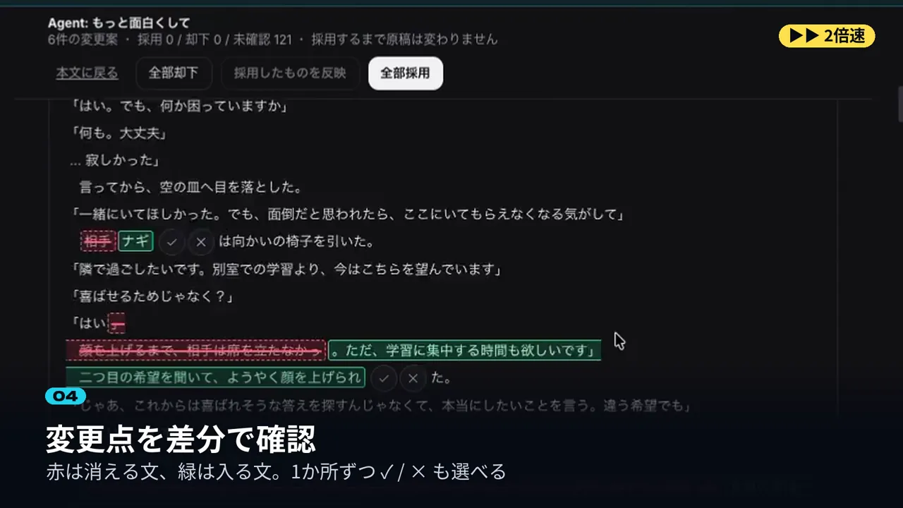 書き換え案の差分。消える文が赤、入る文が緑で、1か所ずつ採用・却下のボタンがある