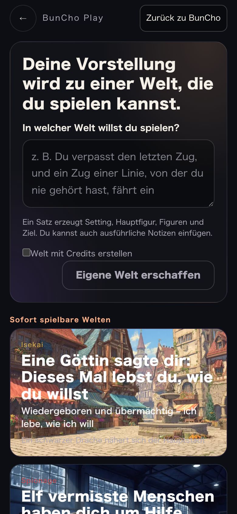 Weltauswahl: ein Feld für einen Satz und Karten mit fertigen Welten
