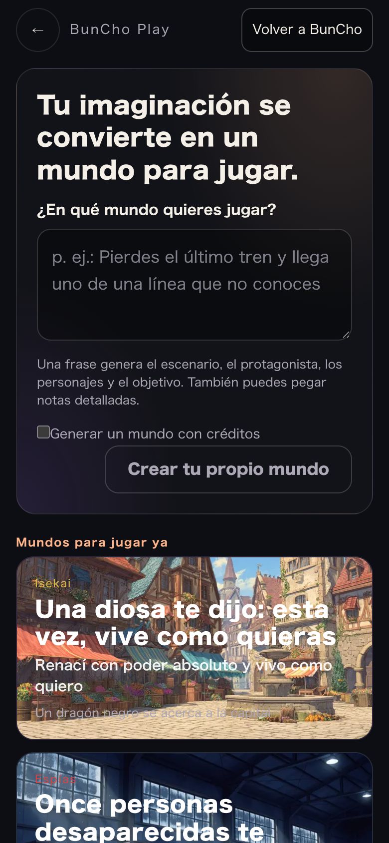 Pantalla para elegir mundo: el campo para escribir una frase y las tarjetas de los mundos listos para jugar