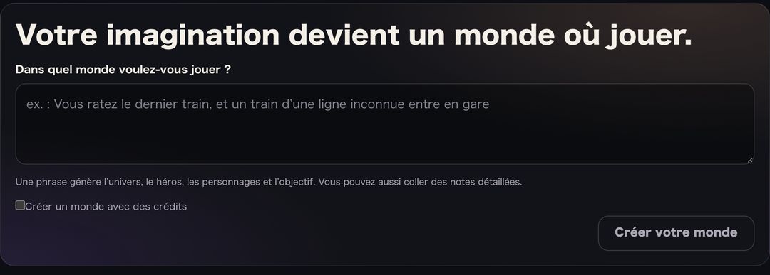 Le champ pour décrire le monde voulu et le bouton pour créer un monde libre