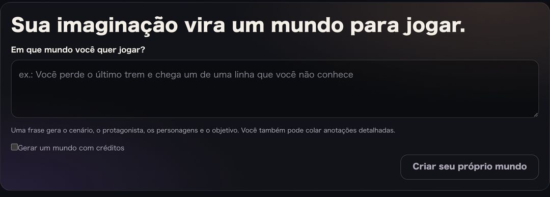 O campo “Em que mundo você quer jogar?” e o botão para criar um mundo próprio
