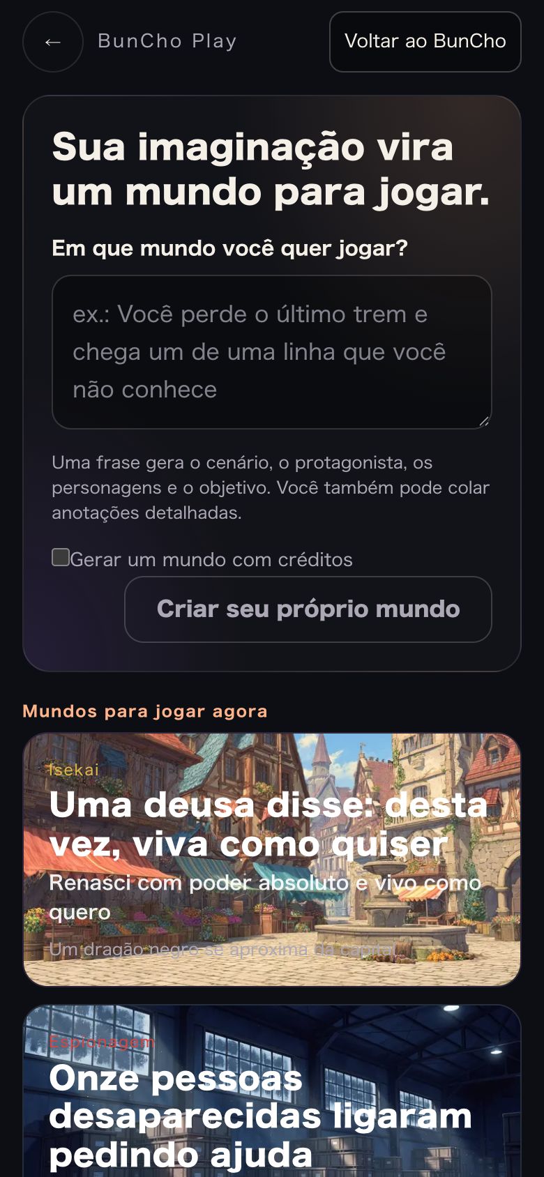 Tela de escolha de mundo: o campo para escrever uma frase e os cards dos mundos prontos