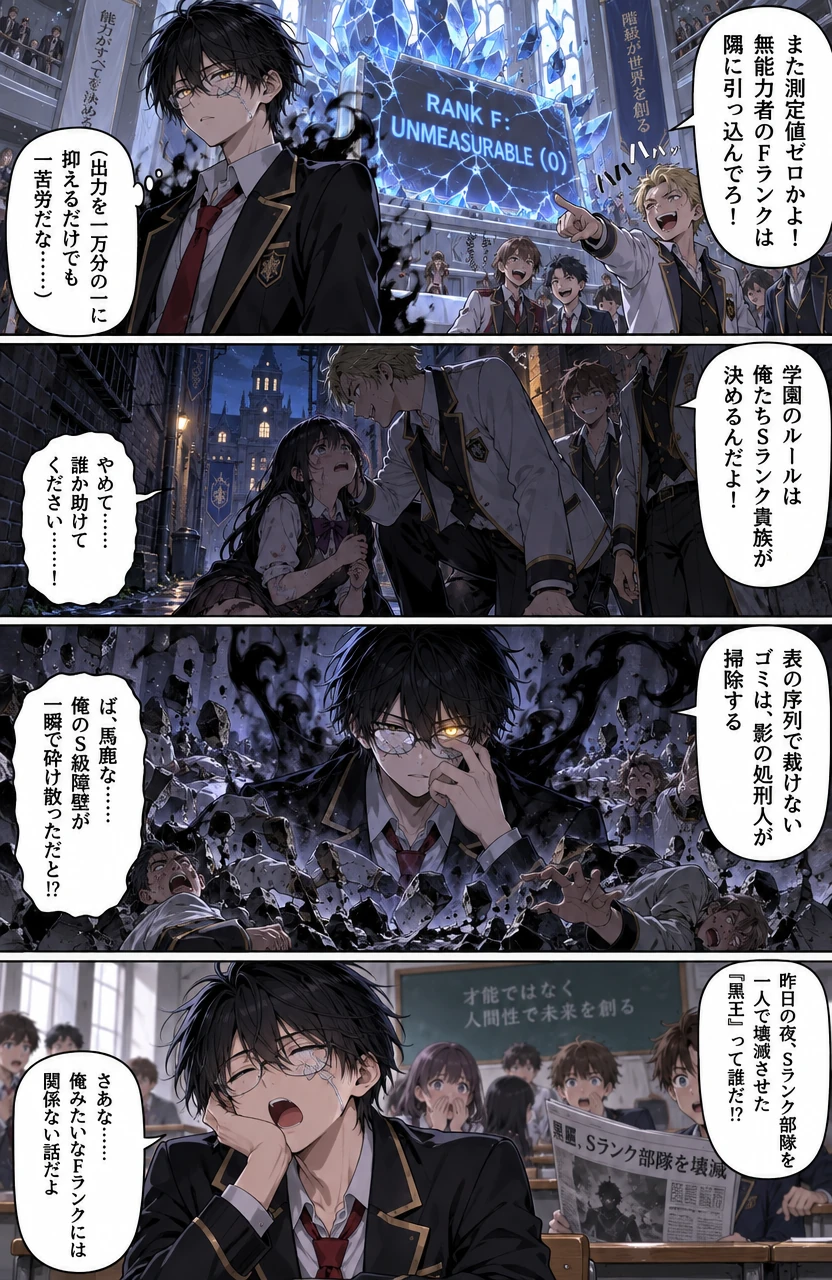 Fランク測定不能の黒影生徒は、学園序列を裏から裁く Page 1: 測定値ゼロの嘲笑と、夜の学園を裁く『黒王』の覚醒
