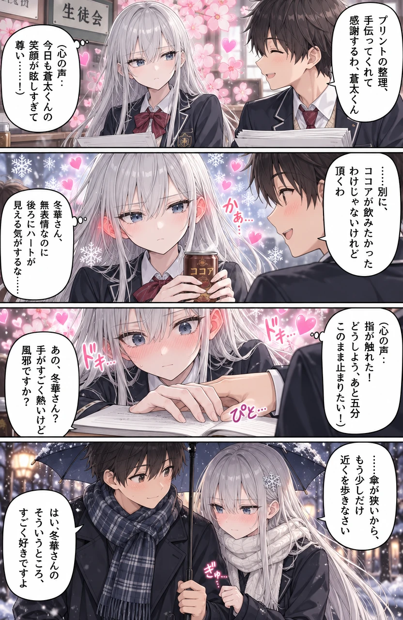 氷の生徒会長は、隣に座る君にだけ心の声がダダ漏れです Page 1: 絶対零度のポーカーフェイスと、背景に咲き乱れるピンクの桜吹雪