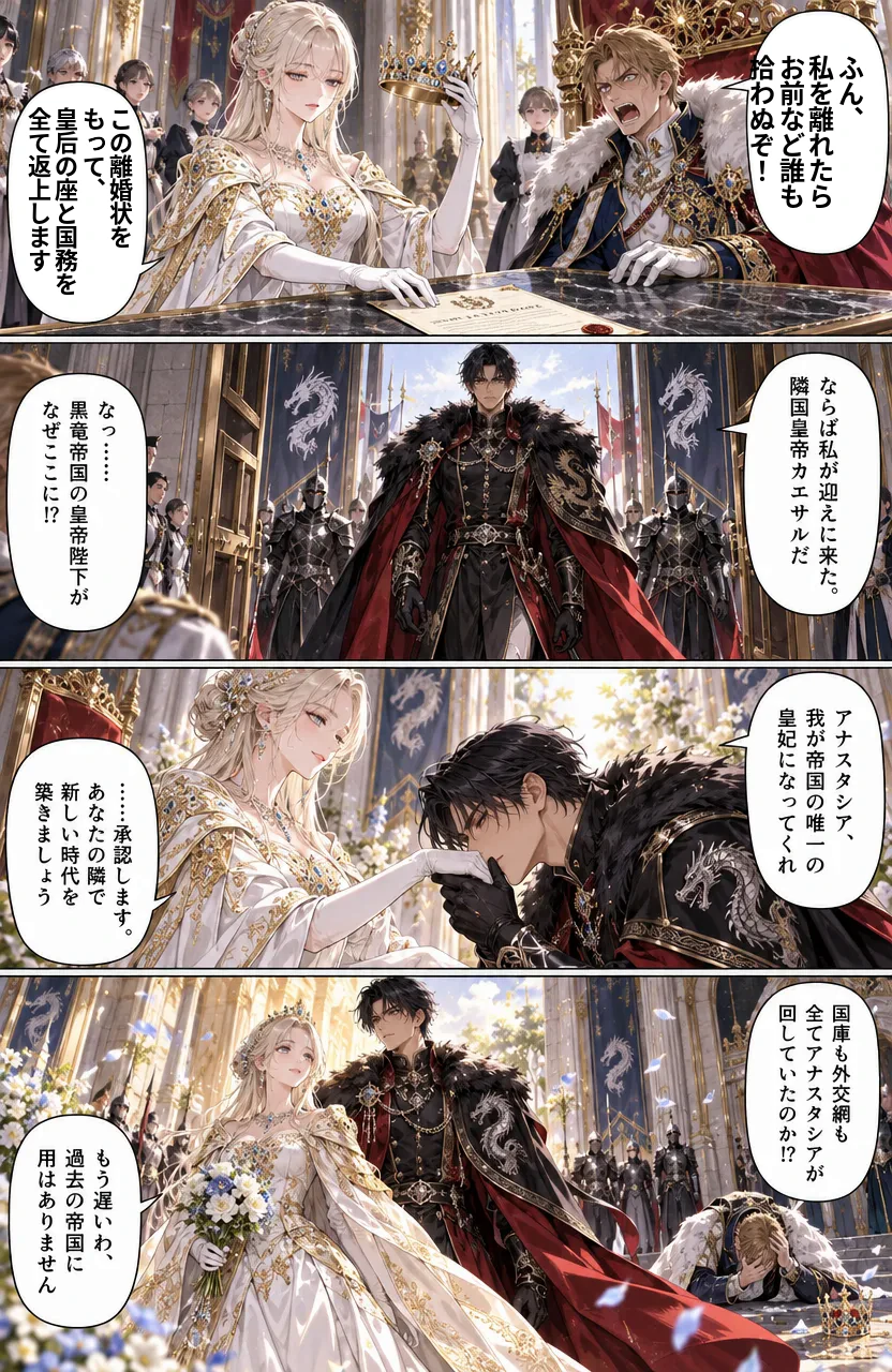 冷酷皇帝に離婚状を叩きつけたら、隣国の黒竜陛下に求婚されました Page 1: 王冠の返上と隣国皇帝カエサルの電撃求婚