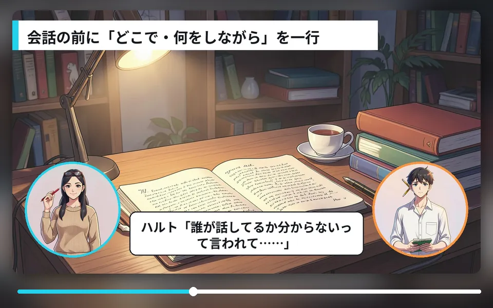 創作術解説: 悩み → 原則 → 悪い例と良い例 → 練習課題